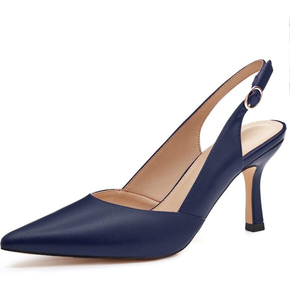 Shoes - Women's Navy/Pu Slingback Kitten Heels Closed Pointed Toe Pumps Heel